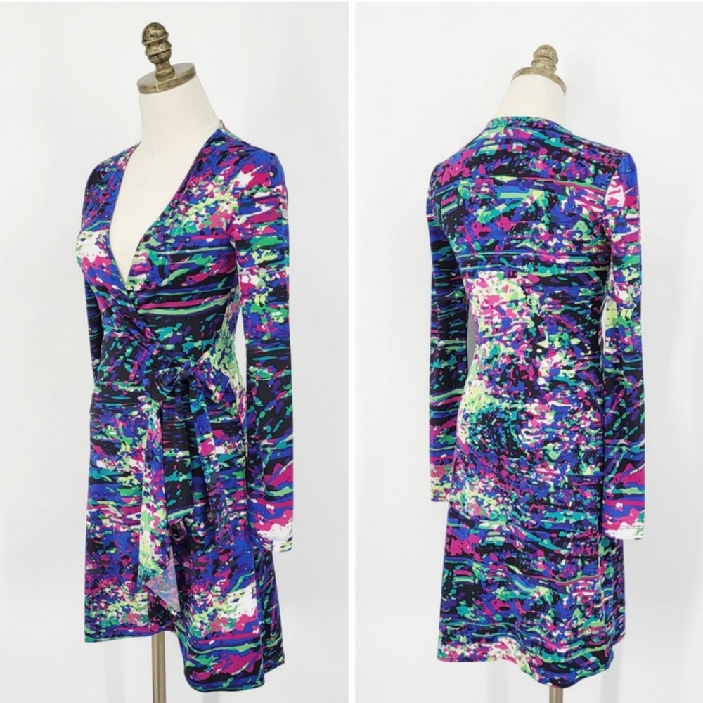 BCBG MaxAzria Long Sleeve Wrap Dress Multi Color Tie Waist